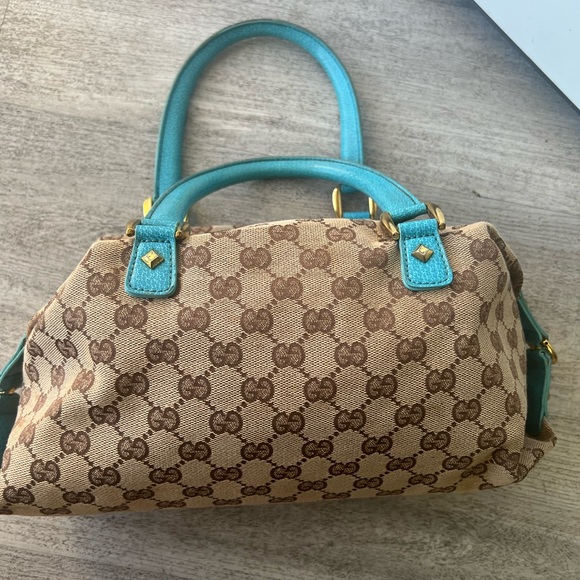 Gucci Tan and Blue Satchel with Signature Monogram - Picture 3 of 13